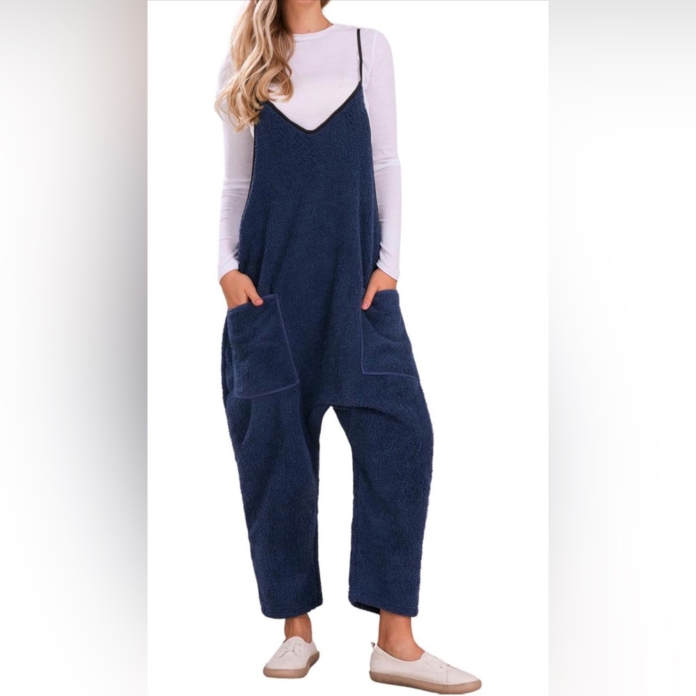 Cozy Navy Blue Fleece Jumpsuit with Pockets